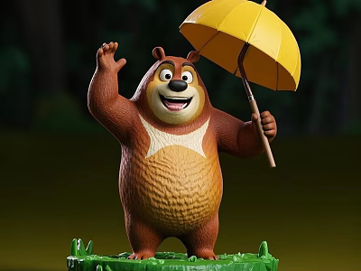 Animated Bear Character Waving Hand Holding Yellow Umbrella in Green Natural Setting 3d model