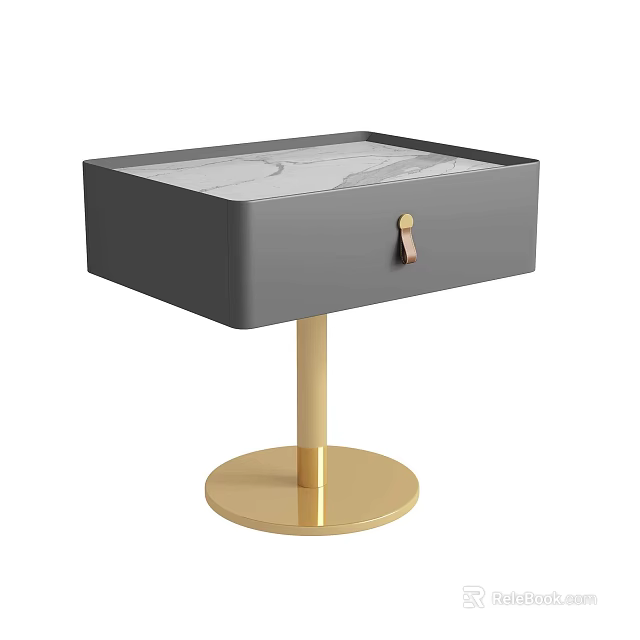 Elegant Gray Bedside Table With Gold Round Base And Marble Drawer Top Design 3d model