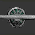 Ornate Fantasy Weapon Design With Green Silver Accents And Central Green Gemstone