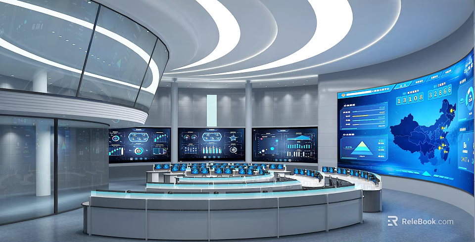 Modern Control Room with Multiple Large Screens Data Charts And Circular Control Desk 3d model 