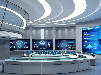 Modern Control Room with Multiple Large Screens Data Charts And Circular Control Desk 3d model