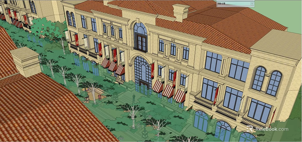 European Style Building With Red Tiled Roof Yellow Facade And Striped Awnings 3d model 