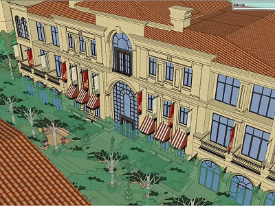 European Style Building With Red Tiled Roof Yellow Facade And Striped Awnings 3d model