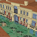 European Style Building With Red Tiled Roof Yellow Facade And Striped Awnings