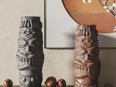 Traditional Totem Pole Sculptures Featuring Intricate Facial Carvings In Gray And Brown Decorative Setting 3d model