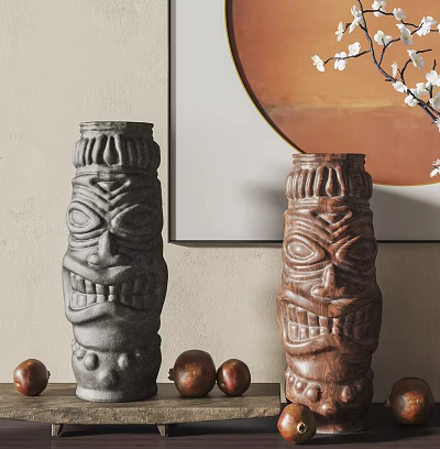 Traditional Totem Pole Sculptures Featuring Intricate Facial Carvings In Gray And Brown Decorative Setting 3d model