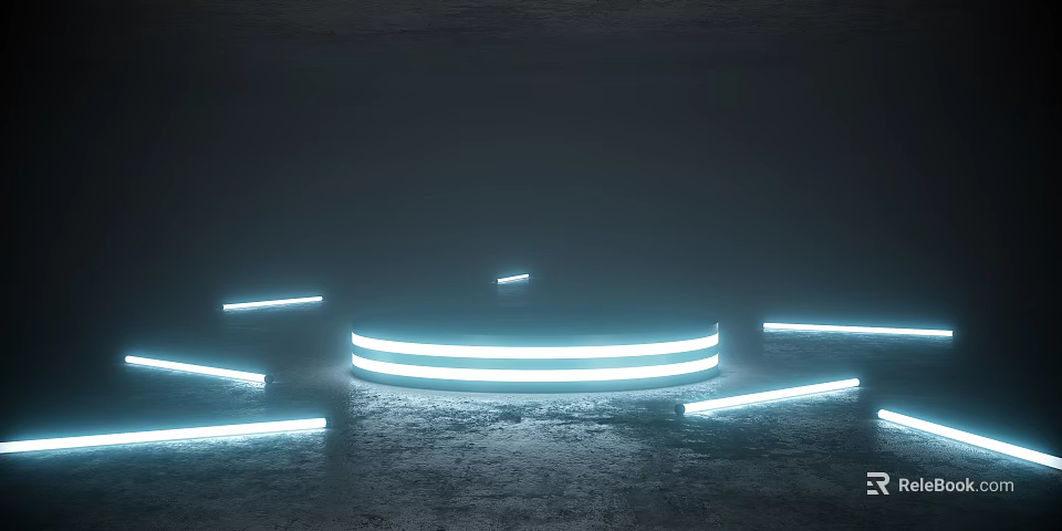 Illuminated Display Shelves With Circular And Strip Light Strips In Dark Rough Textured Space 3d model 