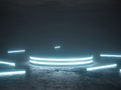 Illuminated Display Shelves With Circular And Strip Light Strips In Dark Rough Textured Space 3d model