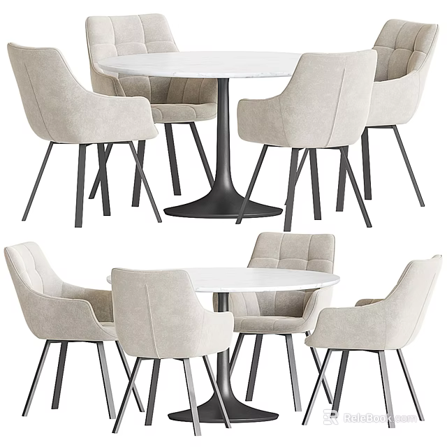 Round White Dining Table Set With Beige Fabric Chairs And Black Legs 3d model