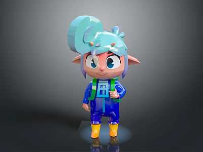 Cartoon Woman Character With Blue Hair Horns Blue Outfit Backpack And Yellow Boots 3d model