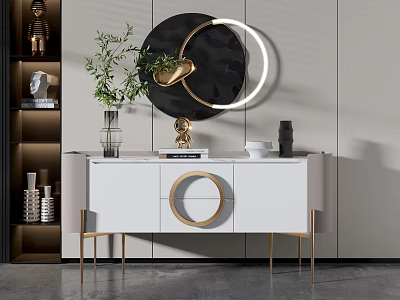 Modern White Entryway Console Table With Gold Accents Round Mirror And Green Plant Decor 3d model