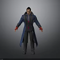 3D Male Character In Blue Long Coat With Red Gloves And Gray Background