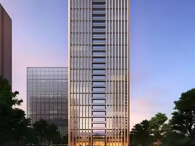 Modern High Rise Building With Glass Facade And Surrounding Trees At Dusk 3d model