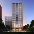 Modern High Rise Building With Glass Facade And Surrounding Trees At Dusk