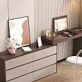 Dark Wooden Dressing Table with Drawers Photo Frames Vase with Flowers and Stool by Window