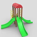 Outdoor Playground Equipment With Red Roof Yellow Ladder Green Slides And Brown Pillars