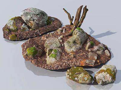 Natural Moss Covered Stones And Wooden Branches On Rustic Ground Surface 3d model