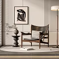 Elegant Modern Leisure Chair With Wooden Frame Cushion Floor Lamp Art Painting And Round Rug