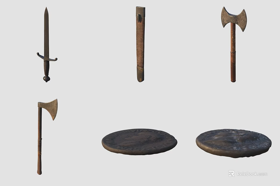 Ancient Metal Weapons Collection Featuring Sword Dagger Axes And Round Shields 3d model 