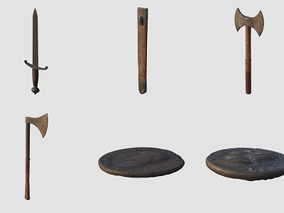 Ancient Metal Weapons Collection Featuring Sword Dagger Axes And Round Shields 3d model