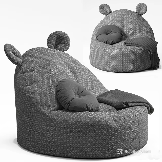 Gray Textured Bean Bag Chair With Ear Shaped Design Cushion And Blanket 3d model 