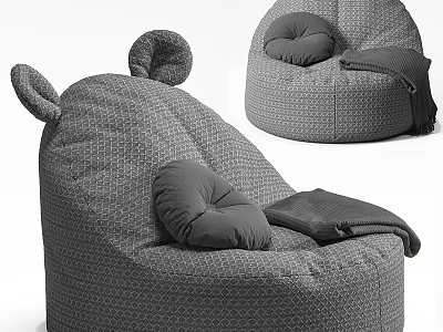 Gray Textured Bean Bag Chair With Ear Shaped Design Cushion And Blanket 3d model