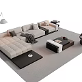 Modern L-shaped Gray Sofa and Coffee Table Set with Throw Pillows Blanket Black White Top