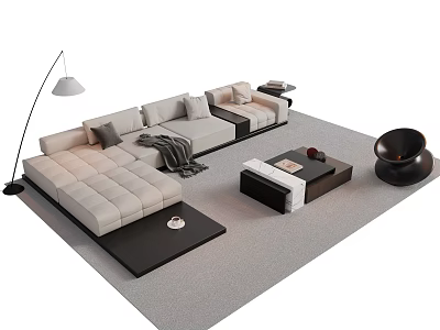 Modern L-shaped Gray Sofa and Coffee Table Set with Throw Pillows Blanket Black White Top 3d model