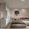 Modern Apartment Interior Featuring Soft Tones Bed Sofa Wooden Accents Marble Tabletop And Decorative Painting
