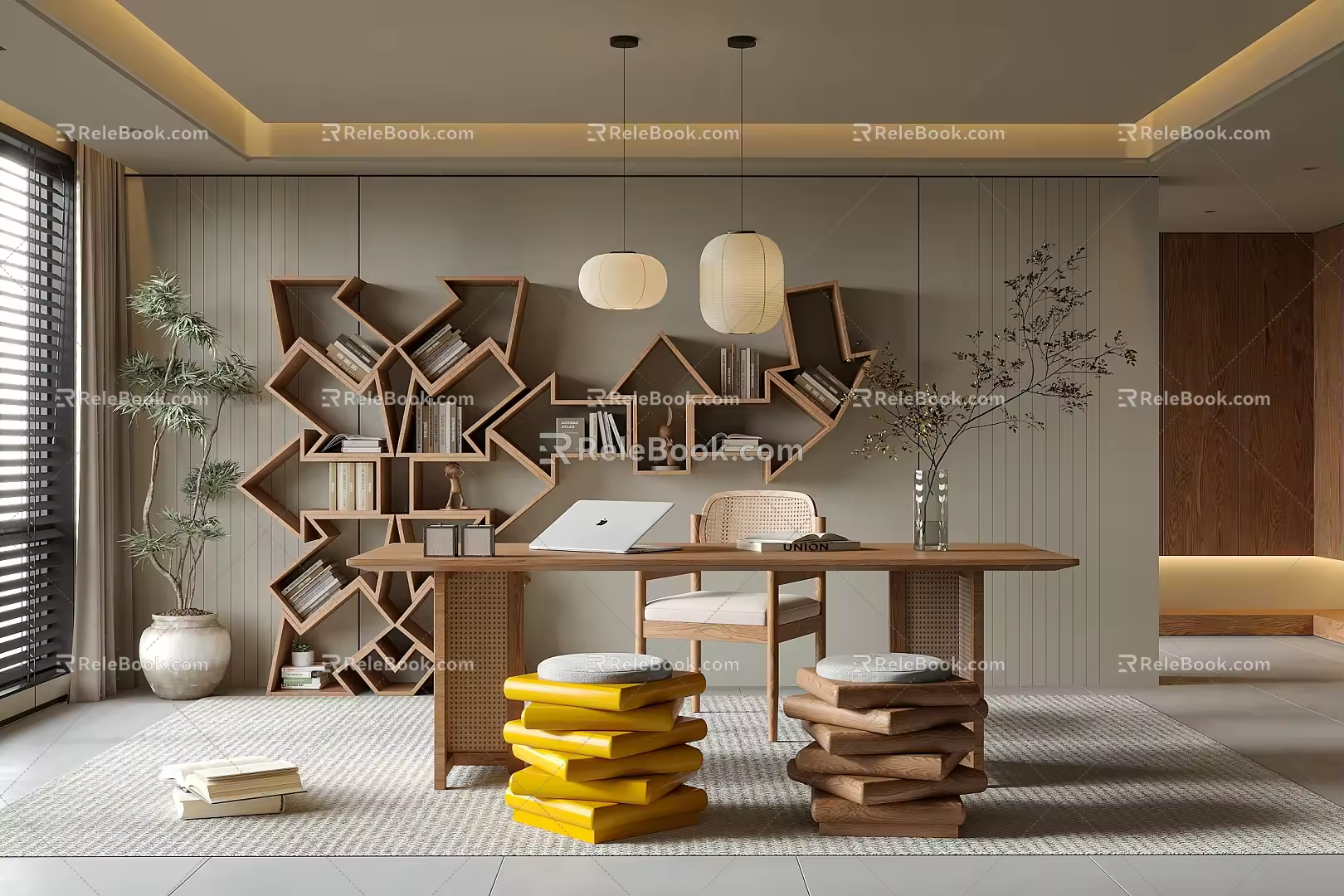 Study Desk and Chair Bookcase Desk Bookshelf 3d model