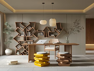 Study Desk and Chair Bookcase Desk Bookshelf 3d model
