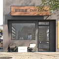 Chill Coffee Shop Exterior With Modern Glass Facade Outdoor Seating And Street Greenery
