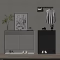 Modern Shoe Cabinet Interior With White And Gray Drawers Potted Plant Decorative Painting And Items