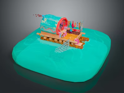 Colorful Toy Play Structure With Wooden Platform Rope Net And Colorful Decorations On Turquoise Base 3d model