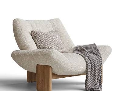 Cozy Modern Lounge Chair with Plush Fabric Checkered Pillow Wooden Legs and Thrown Blanket 3d model