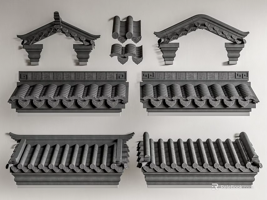 Traditional Chinese Architectural Components With Eaves Tiles Ridge Pieces And Roof Elements 3d model 