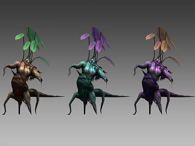 Three Colorful Fantasy Creatures With Leafy Tops And Intricate Body Designs 3d model