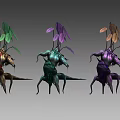 Three Colorful Fantasy Creatures With Leafy Tops And Intricate Body Designs
