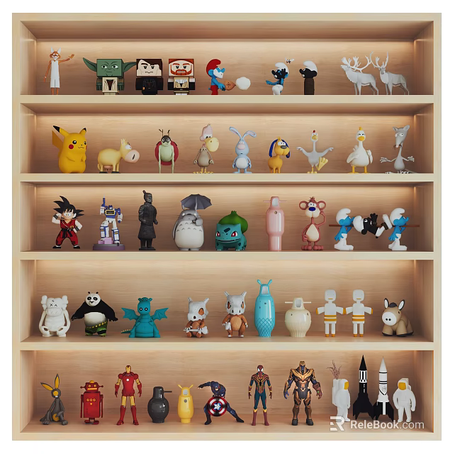 Various Character Dolls Arranged On Multiple Layers Of Wooden Shelf Collection 3d model 