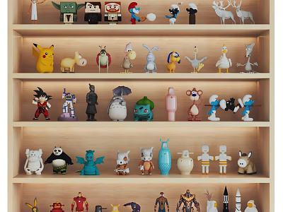 Various Character Dolls Arranged On Multiple Layers Of Wooden Shelf Collection 3d model