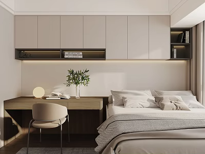 Modern Built in Bookcase With LED Lighting In Light Wood Bedroom Interior 3d model