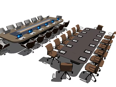 Modern Spacious Conference Table With Surrounding Chairs Laptops And Documents In Meeting Room 3d model