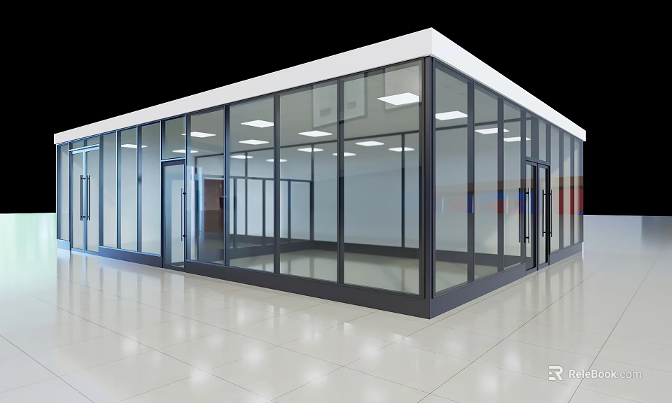 Spacious Modern Villa Balcony with Glass Walls White Flooring and Ceiling Lights 3d model 