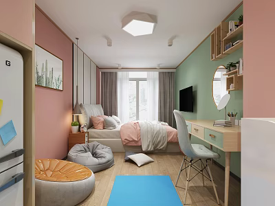 Modern Apartment Bedroom With Pink Green Walls Bed Desk Chair And Blue Rug 3d model