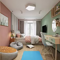 Modern Apartment Bedroom With Pink Green Walls Bed Desk Chair And Blue Rug