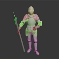 Knight In Shiny Silver Armor Standing With Wooden Spear Against Dark Background
