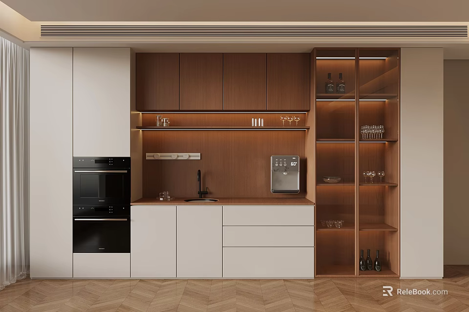 Modern Wooden Wine Cabinet With Glass Shelves Wine Bottles And Kitchen Appliances 3d model 