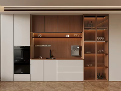Modern Wooden Wine Cabinet With Glass Shelves Wine Bottles And Kitchen Appliances 3d model