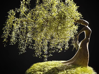 Weeping Willow Tree With Green Hanging Branches Unique Trunk On Lush Grassy Ground 3d model
