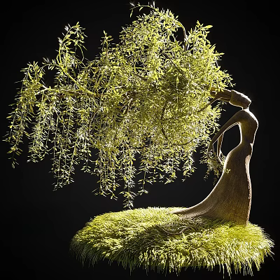 Weeping Willow Tree With Green Hanging Branches Unique Trunk On Lush Grassy Ground 3d model